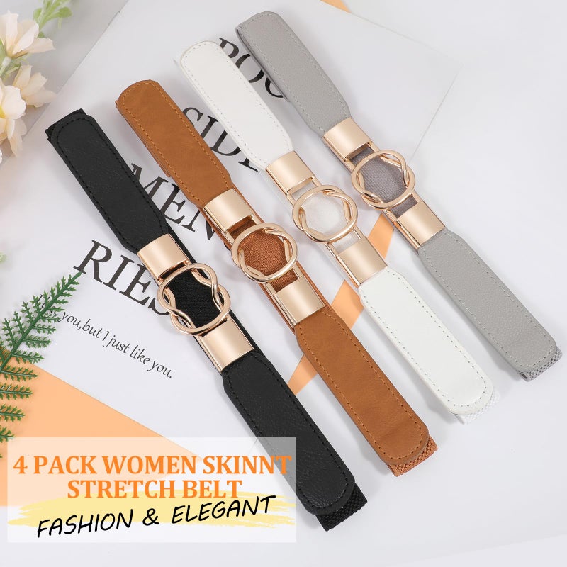 WERFORU Women Skinny Belt for Dresses Retro Stretch Waist Belt with Gold Buckle Set of 4,Black+Brown+White+Gray - Image 2